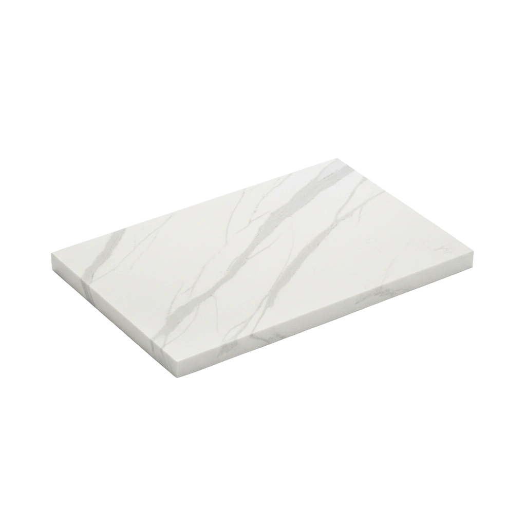 A quartz sample slab with grey and white veining